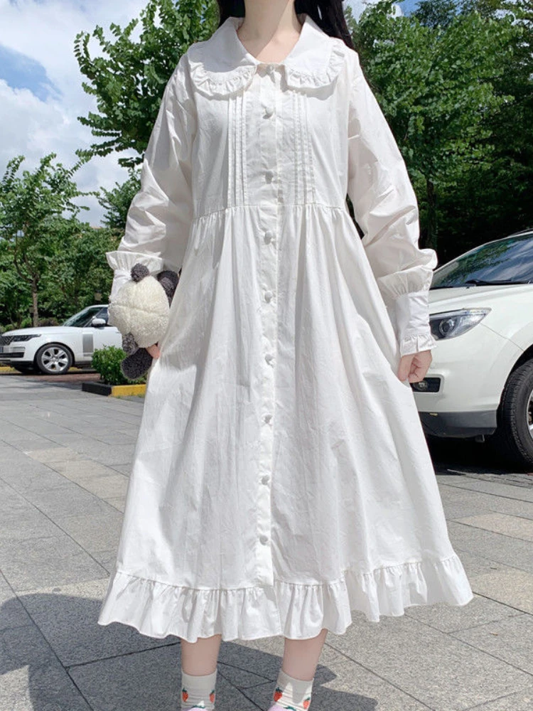 

White Lolita Dress Women Kawaii Ctue Sweet Midi Dresses Ruffle Casual Japanese Preppy Style Peter Pan Collar Long Sleeve Robe