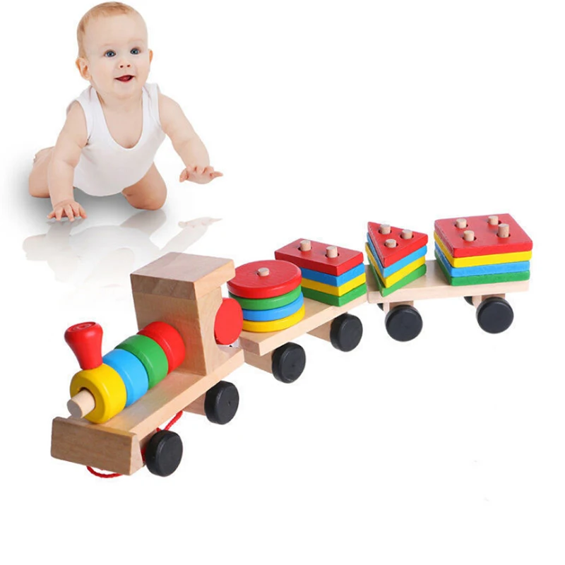 

Hot Selling 2022 Kids Baby Developmental Toys Wooden Train Truck Set Geometric Blocks Wonderful Gift Toy