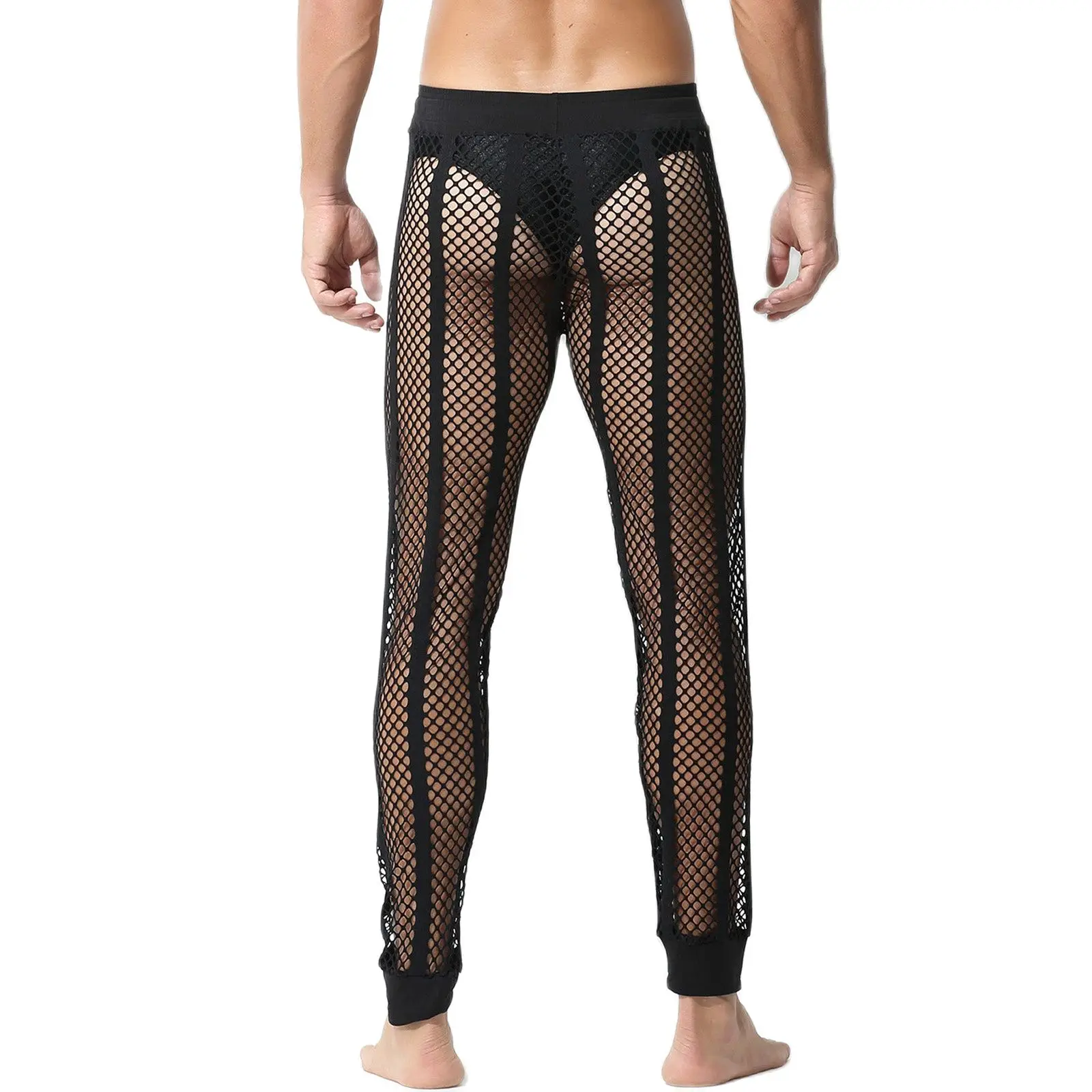 CLEVER-MENMODE Mens Sleep Bottoms Mesh Sheer Sexy Fishnet Long Pants Transparent Nightwear Thin Pajamas Trousers Homewear