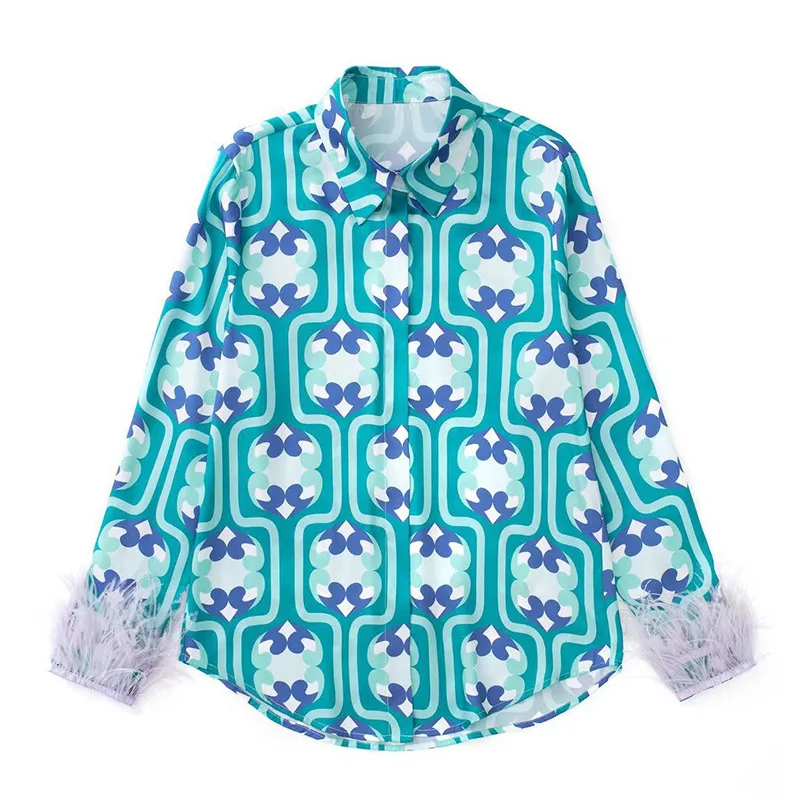 2022 New Luxury Sleepwear Print Women Pajama Green White Temperament Loose Turn-down Collar Shirt All-match Top For Women