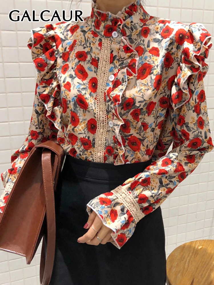 

GALCAUR Colorblock Casual Slim Blouses For Women Lapel Long Sleeve Asymmetrical Fashion Shirt Female 2022 Style New Clothing