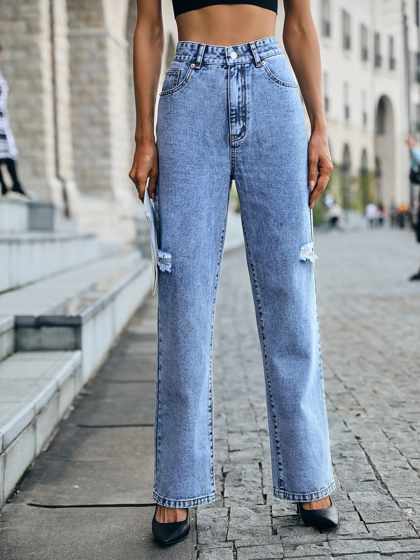 Washed Hole Denim Straight Trousers Women's Fashion High Waist Loose Jeans Thin Ripped Denim Trousers Pants Women Y2k Bottoms
