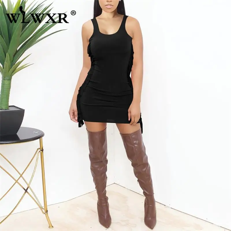 

WLWXR Spring Fall Tassel O Neck Black Short Dresses For Women 2022 Casual Mini Streetwear Ladies Sleeveless Bodycon Red Dress