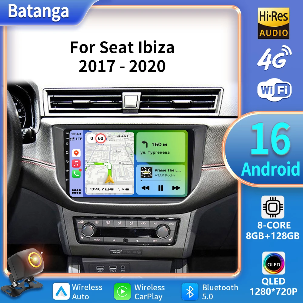 Фото Автомобильное радио Android 16 для SEAT Ibiza 2017 2018 2019 2020 Carplay, навигация, GPS, мультимедийный плеер, Wi-Fi + 5G, стерео, авто головное устройство №1
