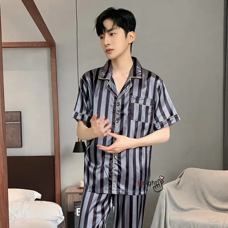 Spring Summer Man Pajama Sets Silk Sleepwear Pajamas for Men Plus Size Home Clothing Pyjamas Suit Home Wear Loungewear Homesuits