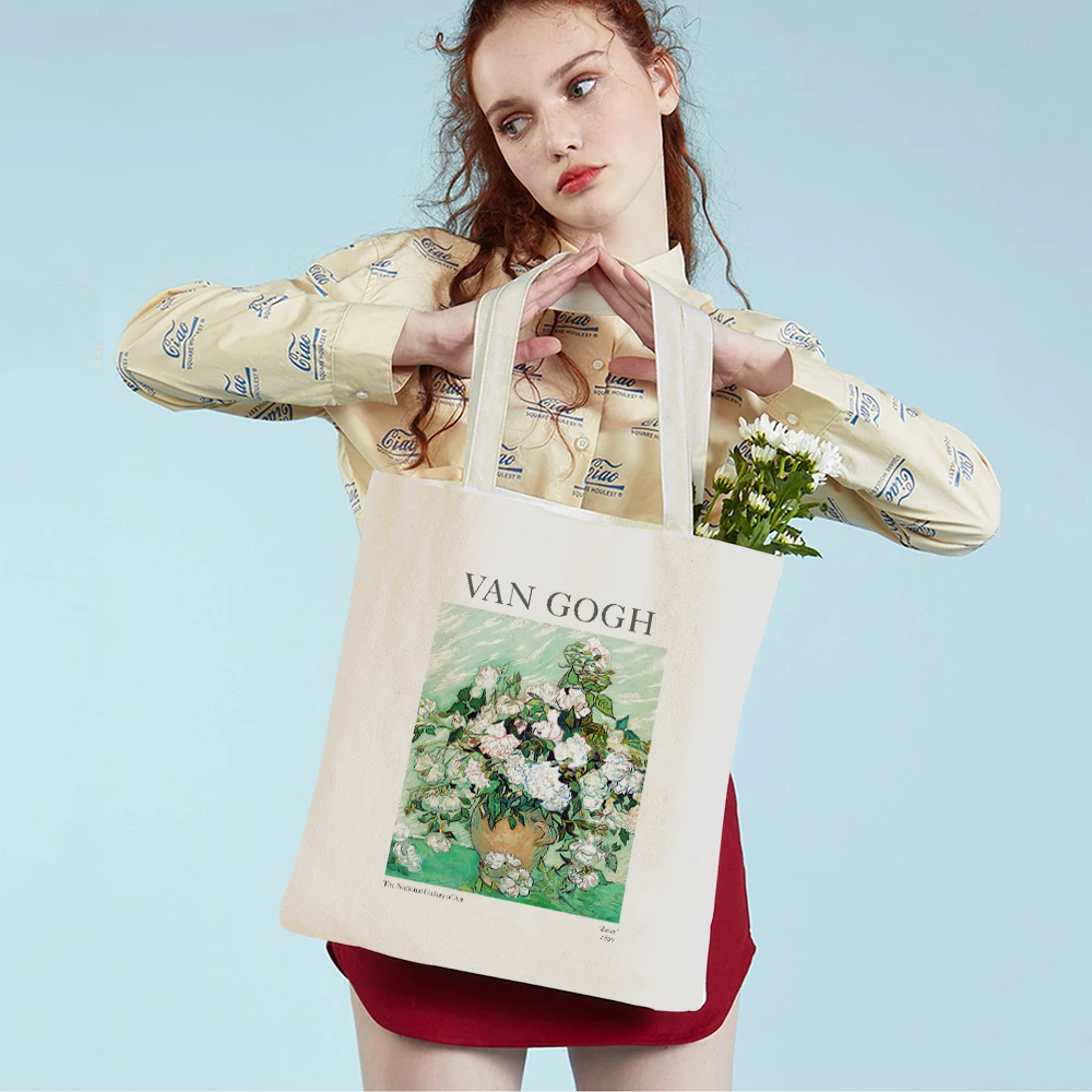 

Canvas Female Shoulder Shopper Bag Van Gogh Morris Vintage Oil Painting Books Handbag Tote For Women Shopping Bags