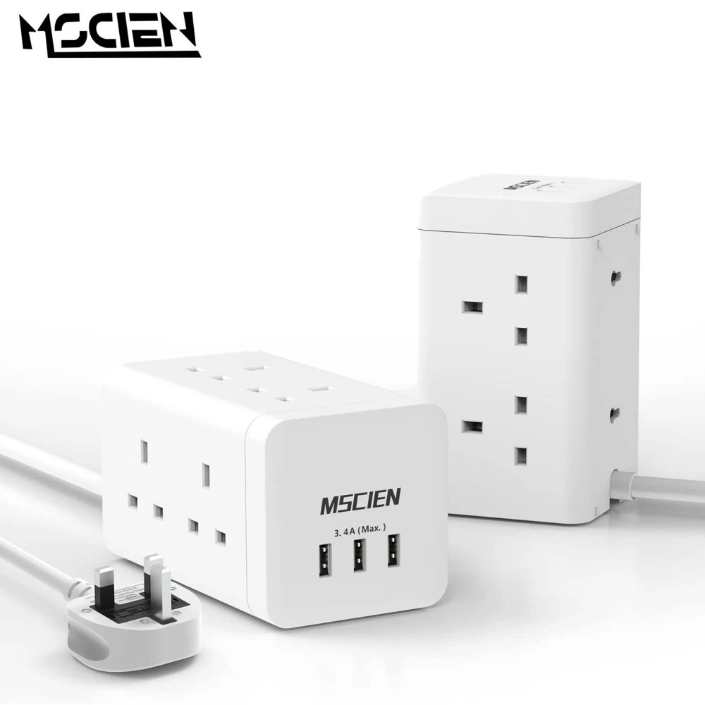 

MSCIEN UK Plug Power Strip with USB Ports 6 Way Outlets Multiple Plug Extension Cord Socket 1.5M & 3M Cable 13A 3250W White