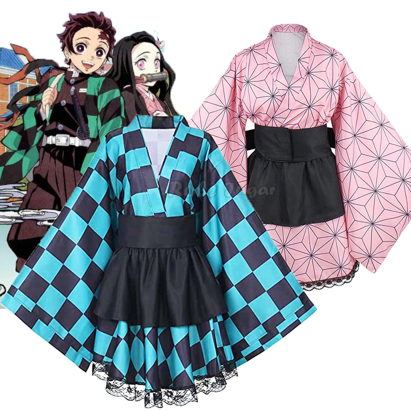 

Anime Demon Slayer Kamado Nezuko Kamado Tanjirou Cosplay Costume Girls Kimono Dress Maid Outfits Lolita Halloween Carnival Kids