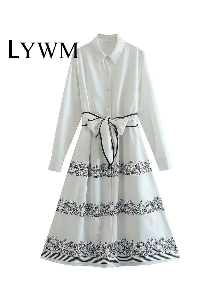 

LYWM Women Fashion Printed With Belt Midi Dress Vintage Lapel Neck Single Breasted Long Sleeves Female Chic Lady Dresses