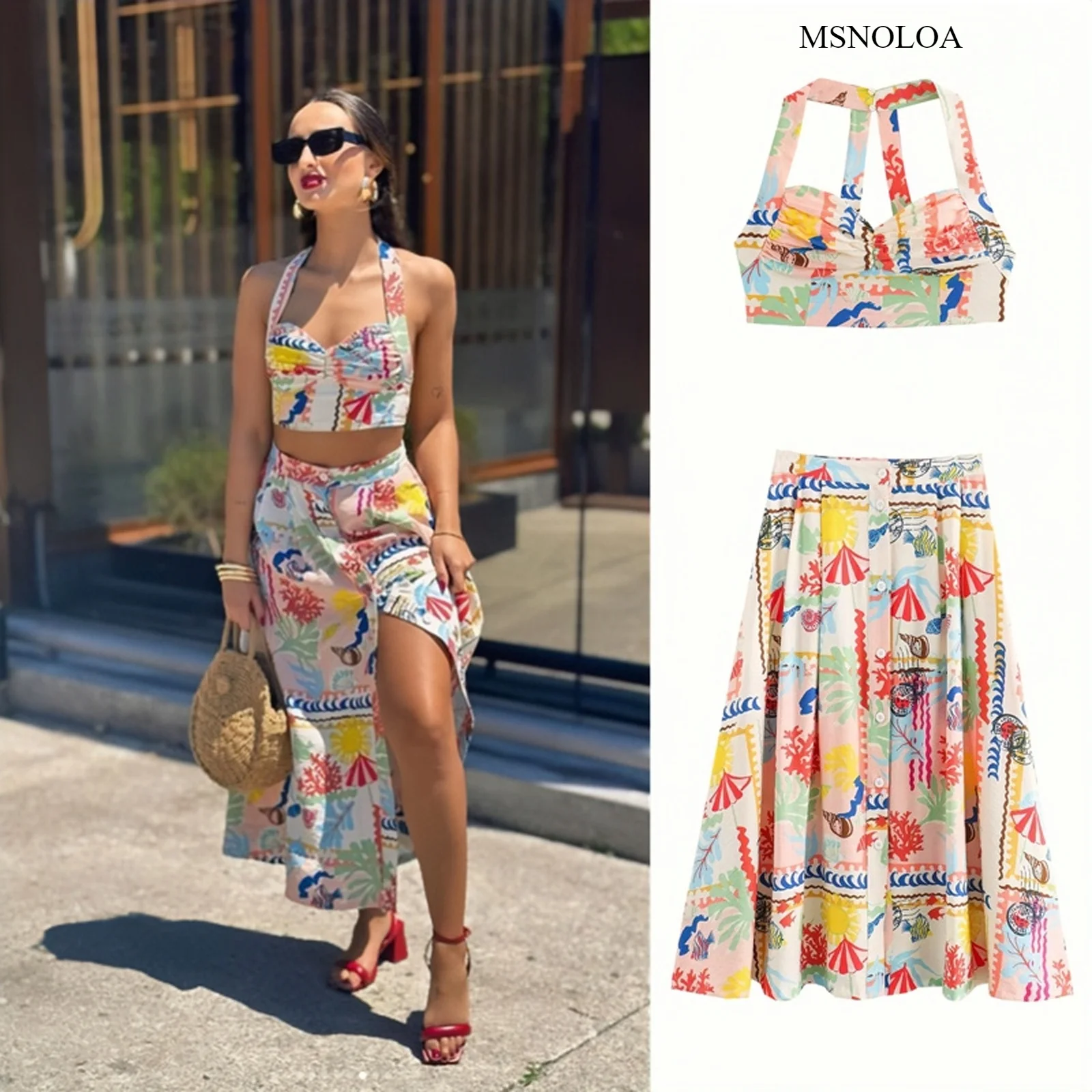 MSNOLOA женский летний 2024 стильный лоскутный короткий топ для отпуска 3616/302 Печатный