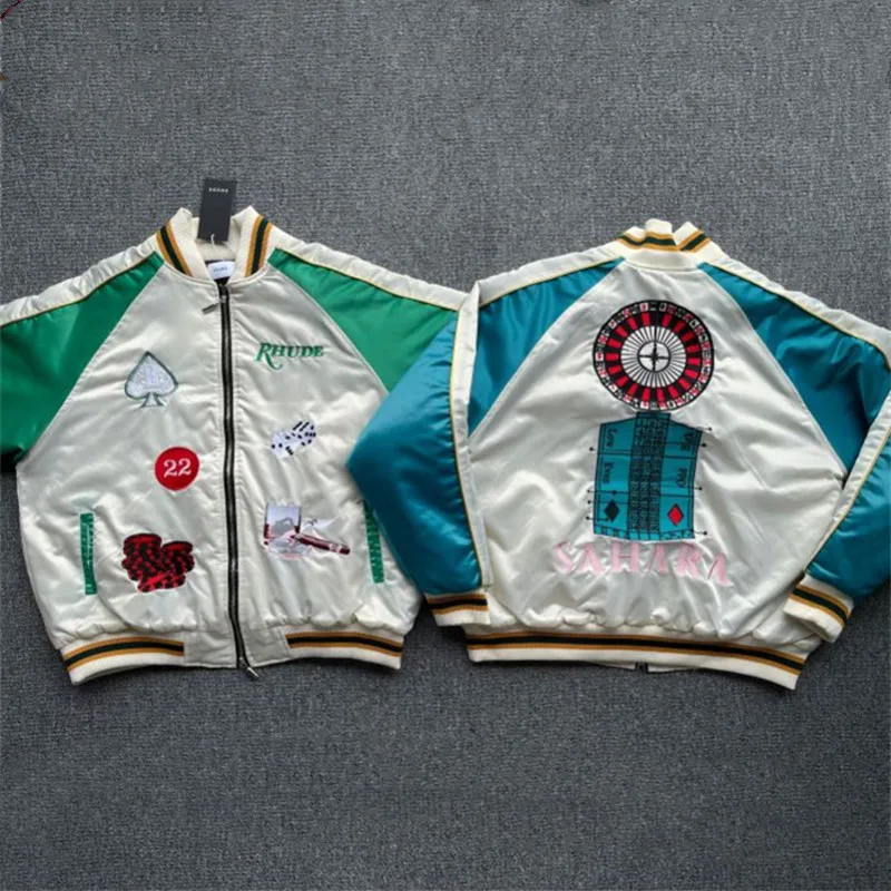 

Rhude Warm Bomb Fashion Jacket Men 1:1 Top Quality Rhude Women Patchwork Coat Baseball Zip Embroidered Jackets Mens Clothing