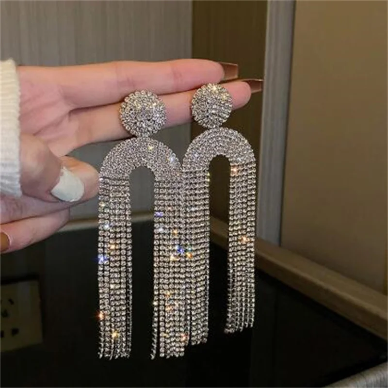 

FYUAN Long Tassel Rhinestone Drop Earrings for Women Geometric U Shape Crystal Dangle Earrings Statement Jewelry Gifts