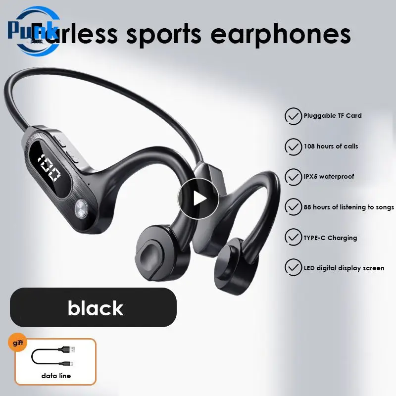 

Hifi Stereo Bone Conduction Headphones Led Display With Mic Wireless Earphones Portable Support Tf Card Earbuds Waterproof