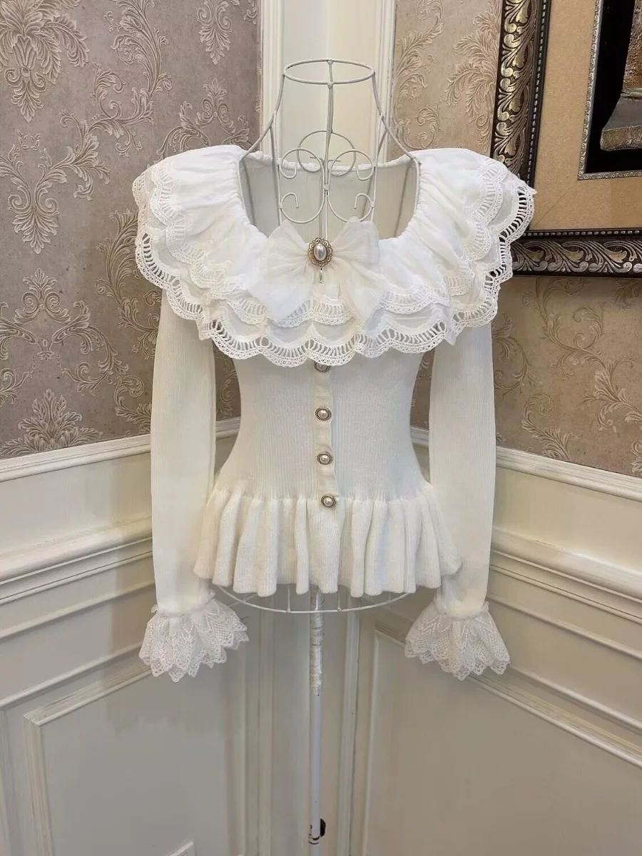 Кружевной свитер принцессы с бантом и вышивкой кружевной рог длинными рукавами