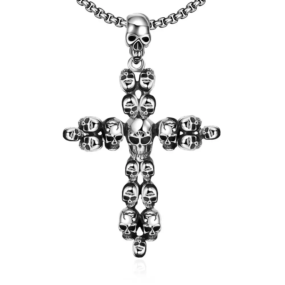 

1PC Rock Punk 316L Surgical Stainless Steel Human Skeleton Cross Pendant Necklaces For Men Antique Silver 23.6 inch(60cm)