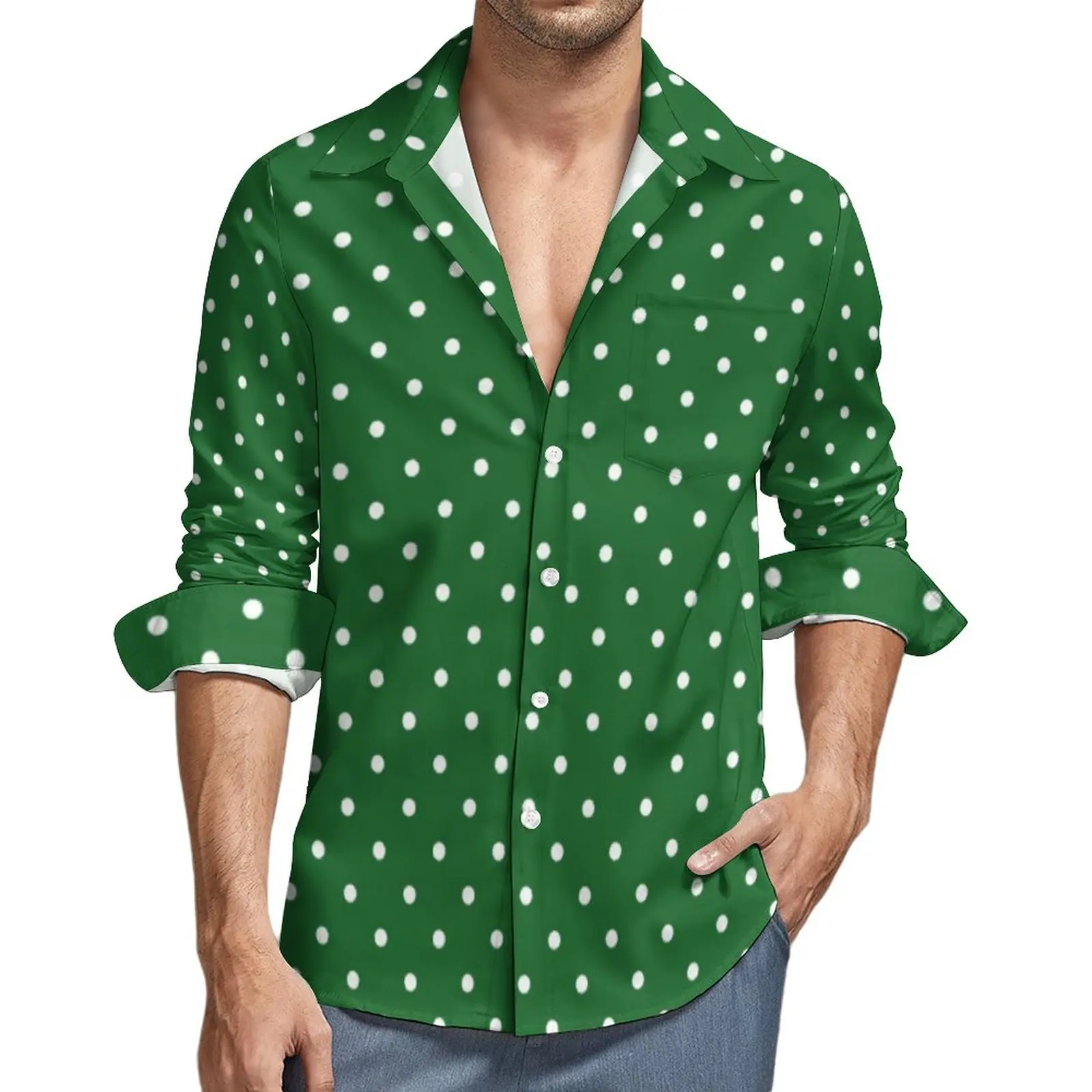 

White Polka Dot Shirt Mens Retro Green Casual Shirts Autumn Stylish Pattern Blouses Long Sleeve Cool Oversize Clothing Gift Idea