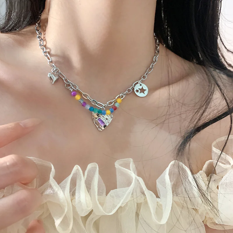 

2023 Stainless Steel Hip Hop y2k Necklaces For Women Heart Shape Hanging Chain Choker Charm Girls Fashions Jewelry Gifts