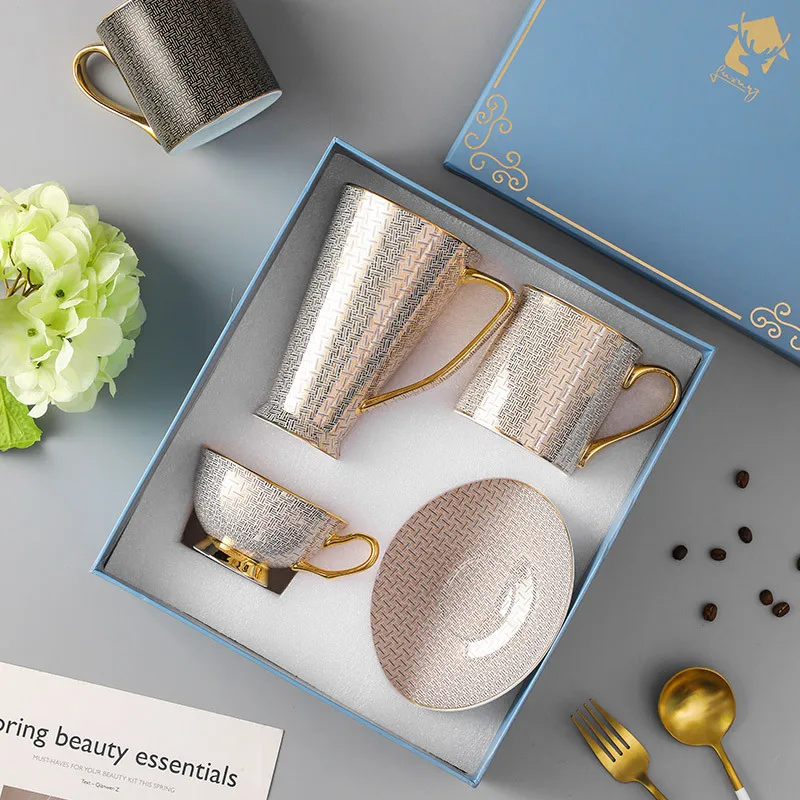 

High-value bone China coffee cup set classic grid mug tea cup water cup household wedding gift box coffee cup set