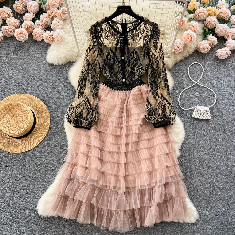 

Женское винтажное платье-трапеция, элегантное французское летнее платье с круглым вырезом, кружевной вышивкой и длинным рукавом, K955