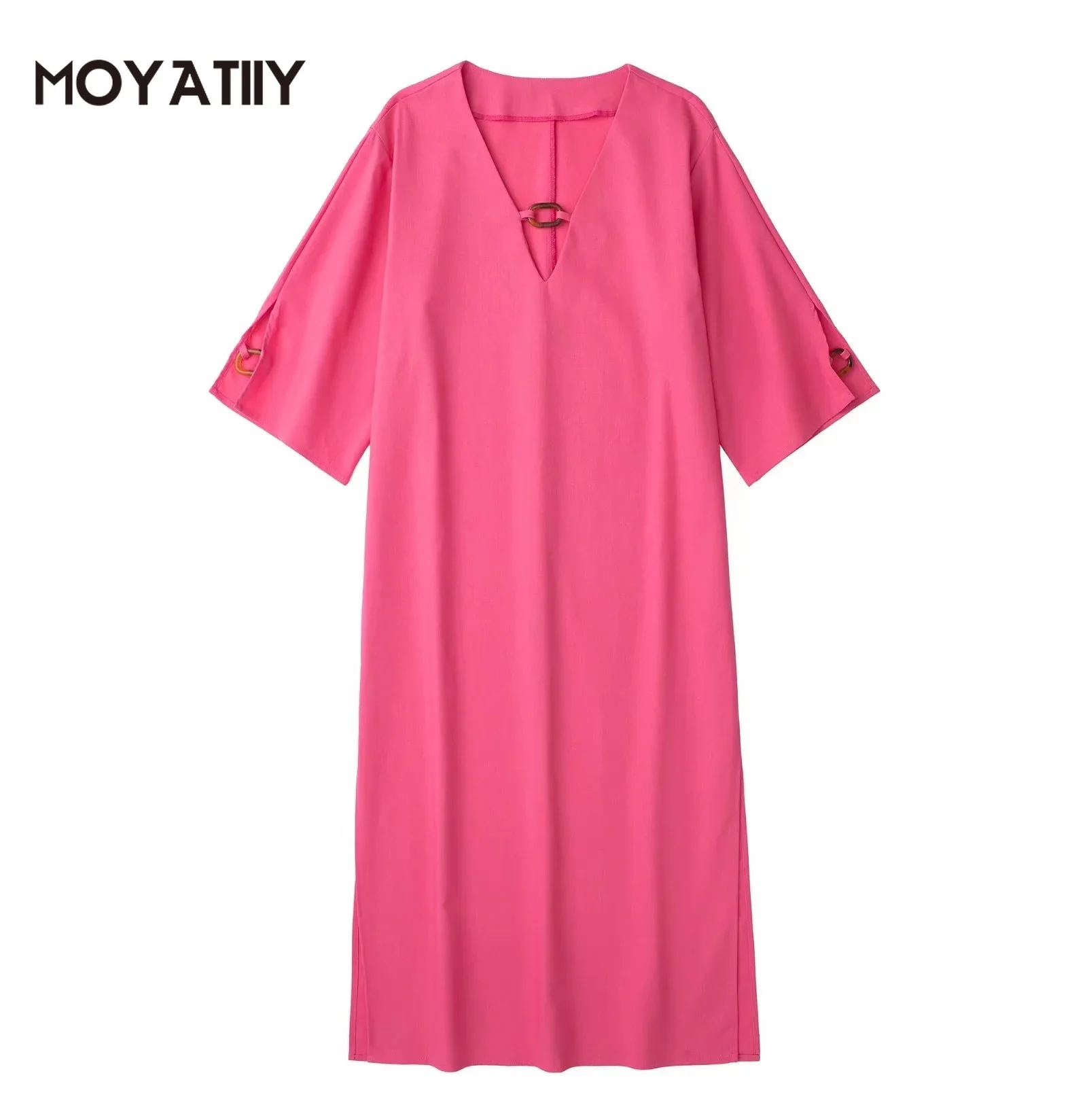 

MOYATIIY женское 2022 модное льняное летнее платье винтажные розово-красные миди платья с пряжкой рога женские платья