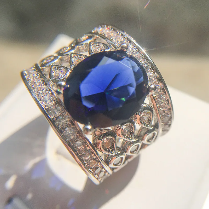 

Luxury Female Big Blue Stone Ring For Women silver plate Color Wedding 2022 New Year Fashion Engagement Jewelry Gifts Wholesale
