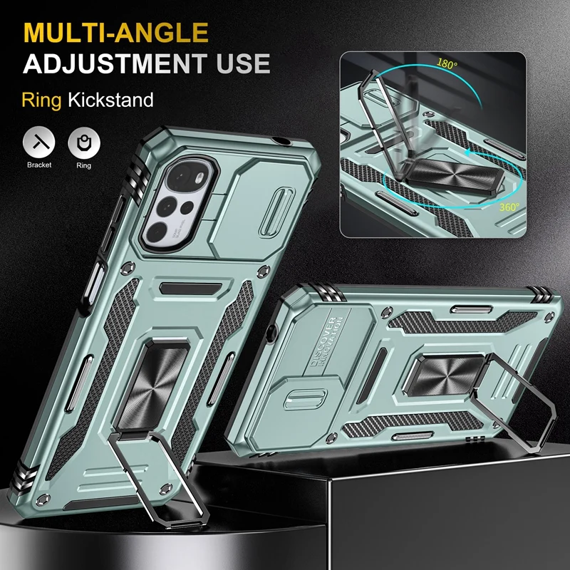 

2 in 1 Hybrid Armor Case with Lens Protection for MOTOROLA MOTO G22 Metal Finger Ring Kickstand Cover for moto g22