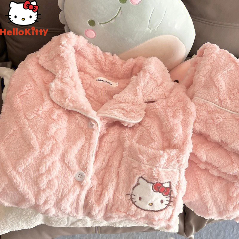 

Autumn Winter Hello Kittys Y2K Pajamas Female Sanrios Tracksuit Anime Ins Student Kawaii Coral Fleece Thicken Keep Warm Set