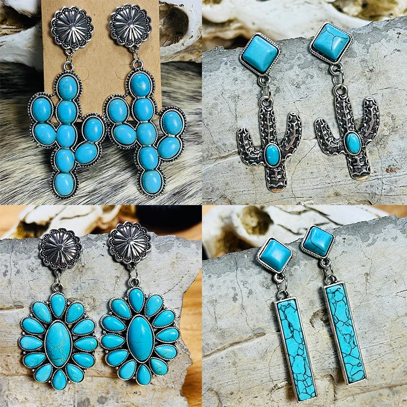 

New Vintage National Earrings Turquoise Flowers Cactus Rectangular Vertical Bar Alloy Western Earrings High Quality Earrings