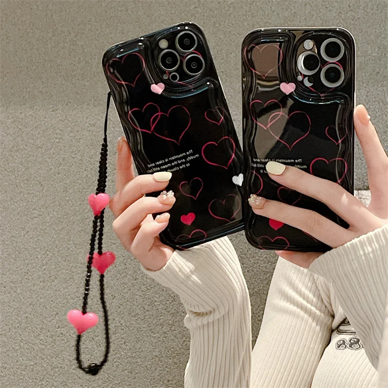 

Fashion Unique Pretty Heart Pattern Soft Phone Case For IPhone 13 12 Pro Max XR XS X 11 Black Bracelet Protect Shockproof Cover