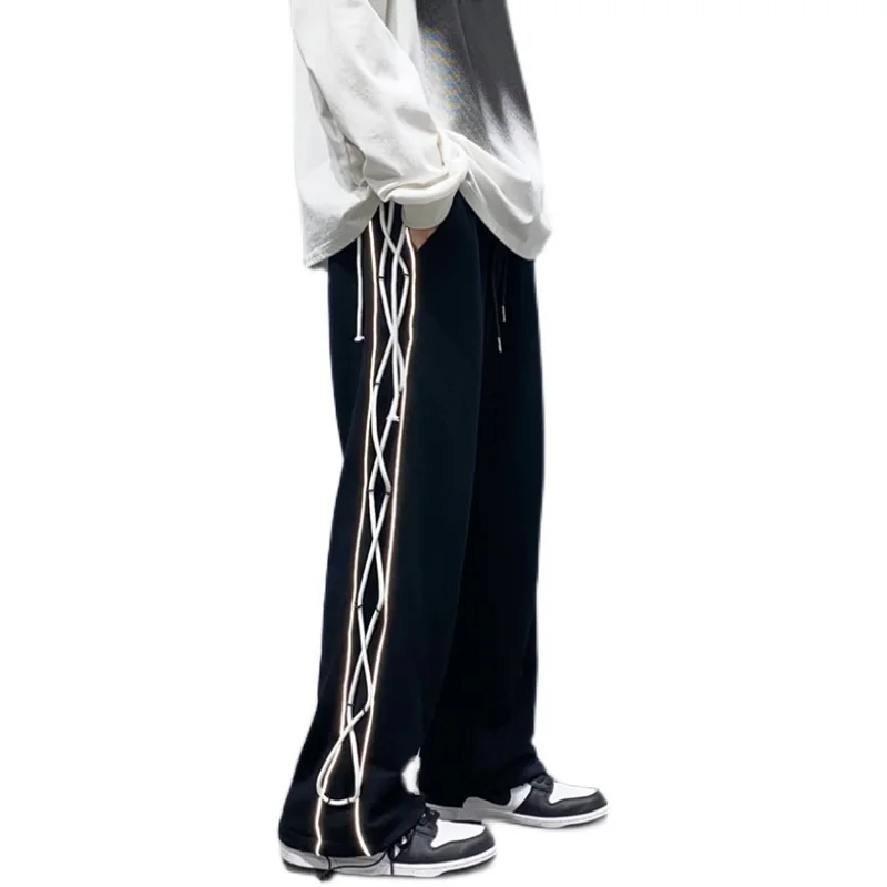 

Hiphop Sweat Pants For Men Side Stripes Reflective Clothing Black White Loose