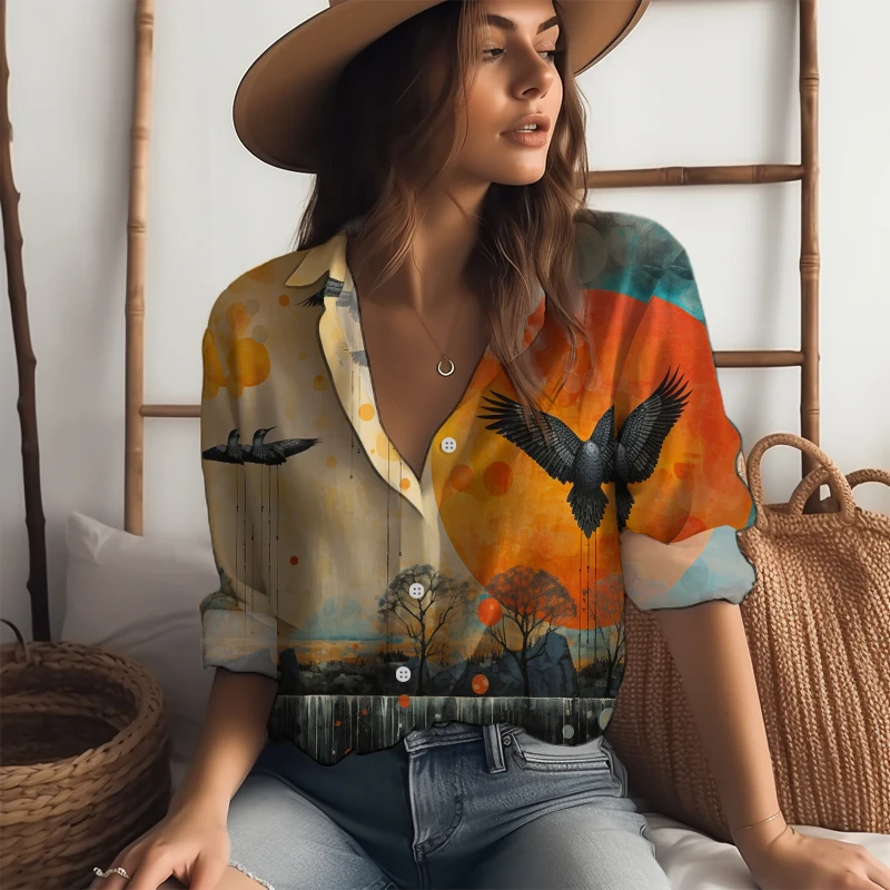 

Street Fashion Long-sleeved Shirt Women's Loose Casual Shirt Harajuku Style Plus-size Shirt Autumn Bird 3D Printed Shirt