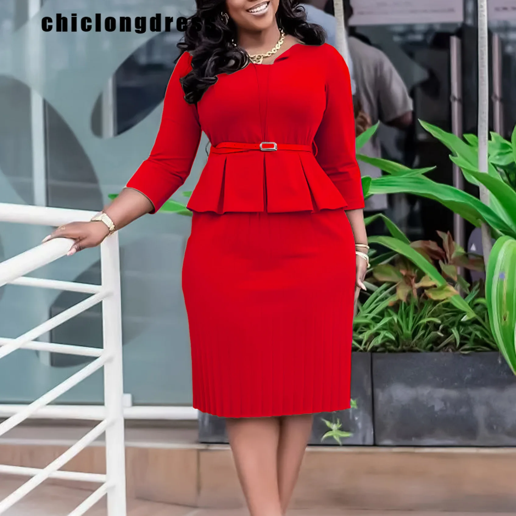 

Autumn Winter Fashion Office Ladies Pencil Dress Women Elegant Solid Round Neck Long Sleeve Ruffle Belt Dress African Women