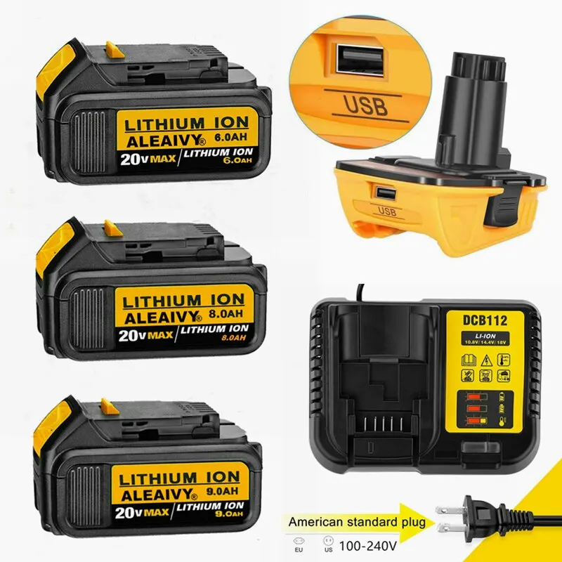 

18V 9.0Ah DCB200 Replacement Li-ion Battery for DeWalt 18v/20vMAX XR power tool lithium Batteries with Charger+Battery adapter