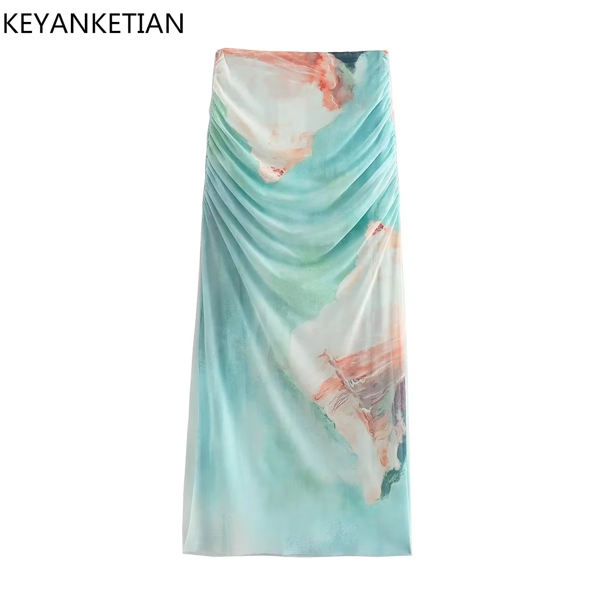 

KEYANKETIAN Summer New Print Gauze Side Slit High Waist Half Skirt Women Retro Elastic Silk Mesh Hanging Pleated Ankle Skirt
