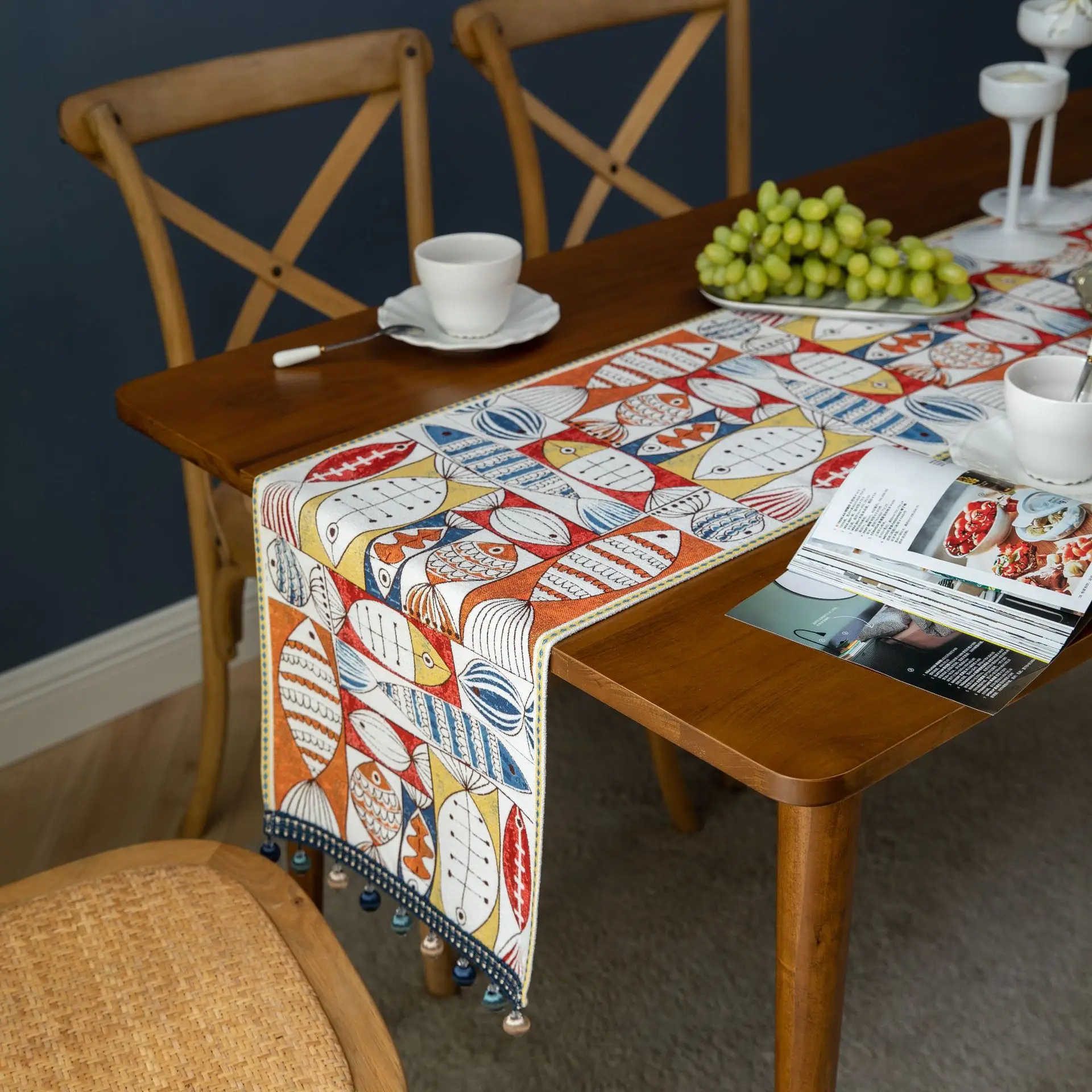 

Macrame Table Runners with Tassels Geometry Fish Pattern Cotton Rustic Thicken Home Restaurant Dining Table Mat Large Size