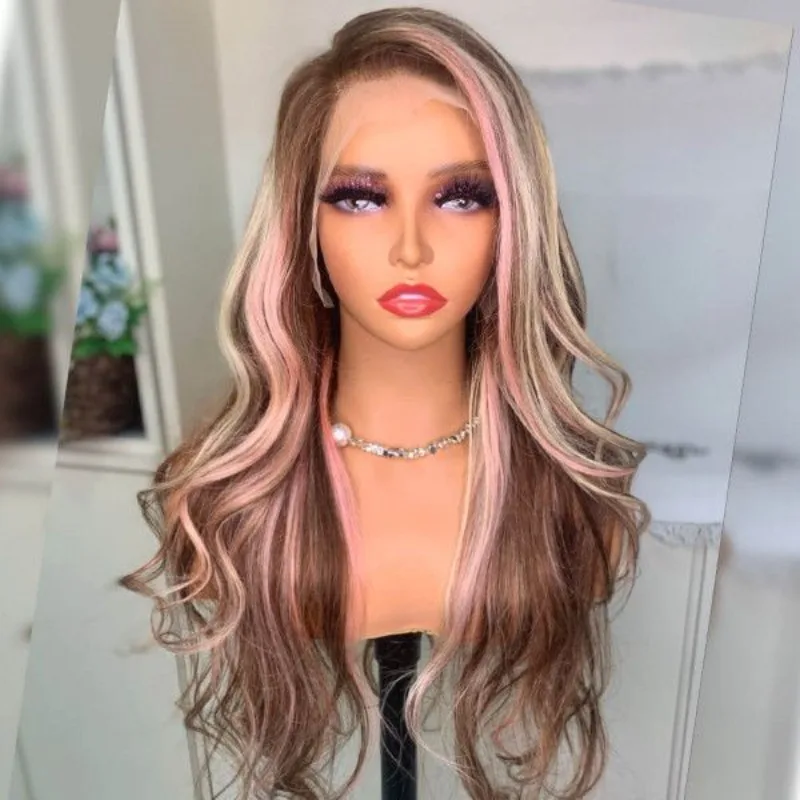 

Brown Body Wave Synthetic Lace Wig with Pink Highlights Wig for Women Glueless Pre Plucked with Baby Hair Water Wavy Wigs Daily