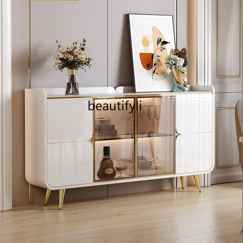 

French Cream Style Ultra-Thin Sideboard Cabinet Modern Family Narrow Stone Plate Buffet Integrated Wall