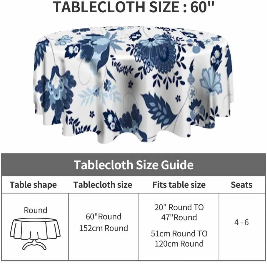 Blue Flower Table Cloth Round Tablecloth Indian Jacobean Element Style Ethnic Ornament Floral Pattern Cover for |