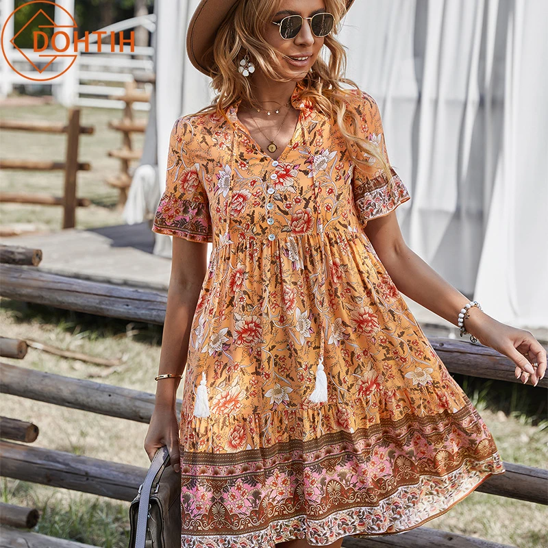 

Women's Bohemian Floral Printed Traveling Casual A-line Dresses Summer Short Sleeve Shirt Collar Skirt Sexy Loose Party Dress