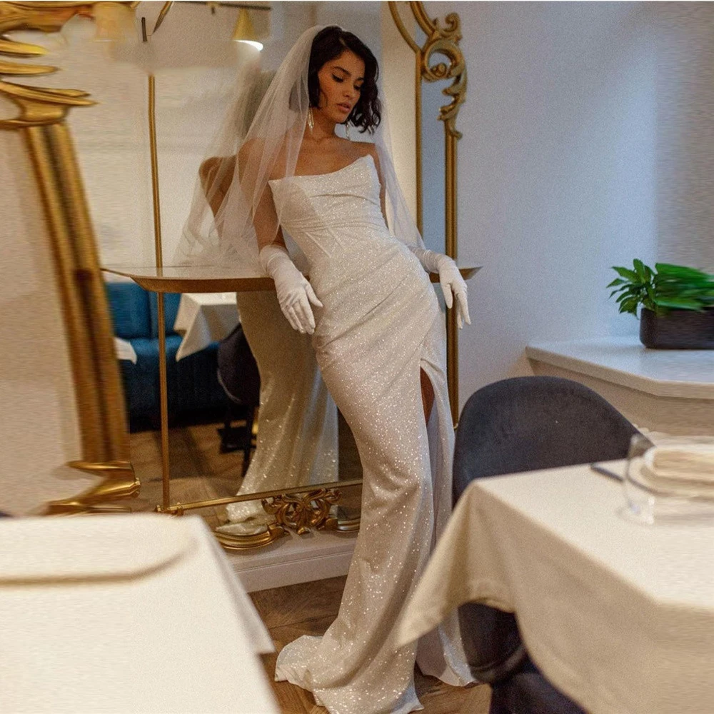 

Glitter Mermaid Wedding Dresses Fashion Strapless Bones Side Slit Floor Length Women Bride Gowns Long Formal Dress