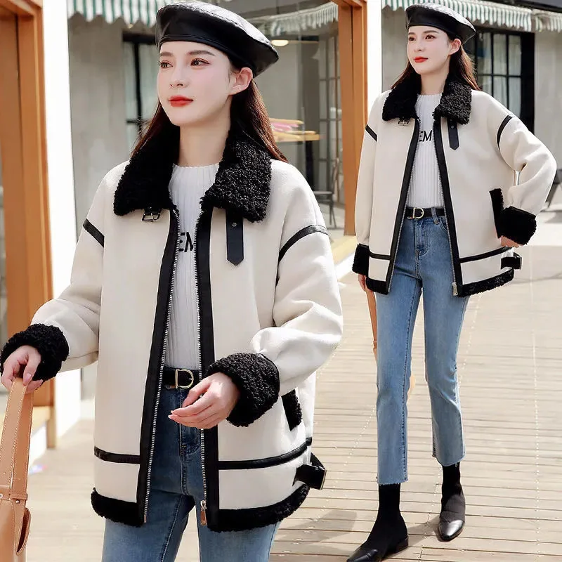 

NEW Women's Imitation Lamb Wool Coat Winter Warm Fur Integrated Motorcycle Outerwear Female Woolen Jacket Casual Trench Coats