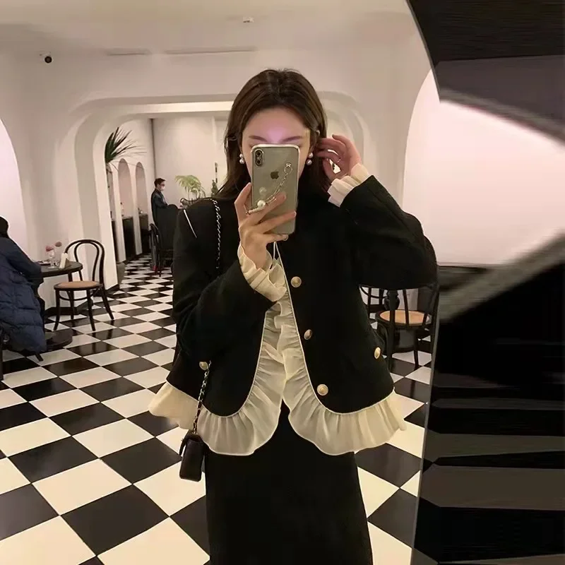 Элегантная черная куртка во французском стиле для женщин чувственный дизайн