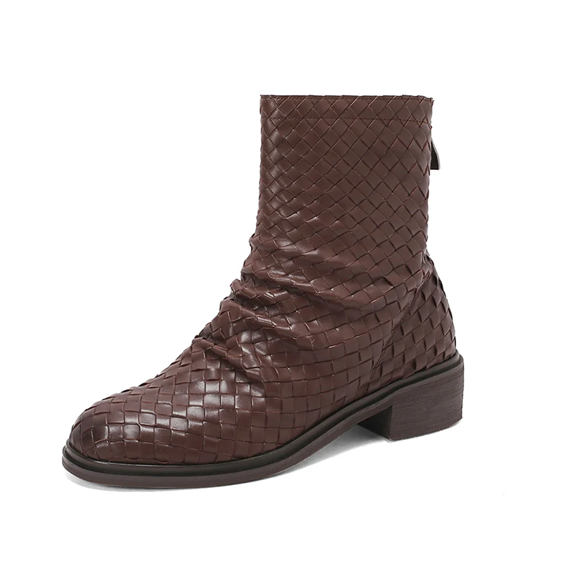 

(YYDD) осенне-зимние женские ботинки из натуральной кожи с круглым носком и оплеткой в стиле ретро, коричневые, черные, женские ботинки на высоком каблуке