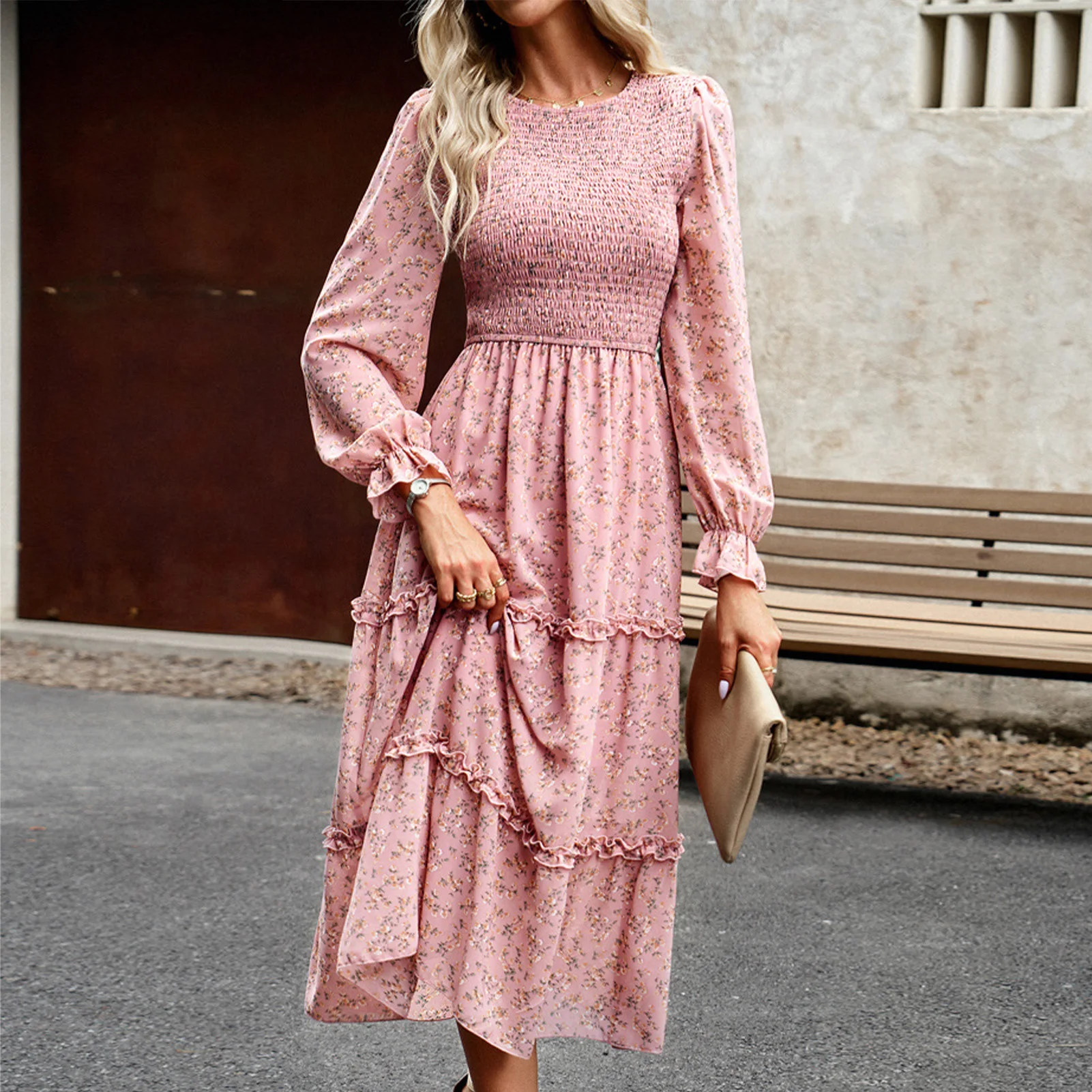 

Женское платье-пуловер с длинным рукавом, плиссированное платье миди с круглым вырезом, элегантное приталенное шикарное Повседневное платье для поездок