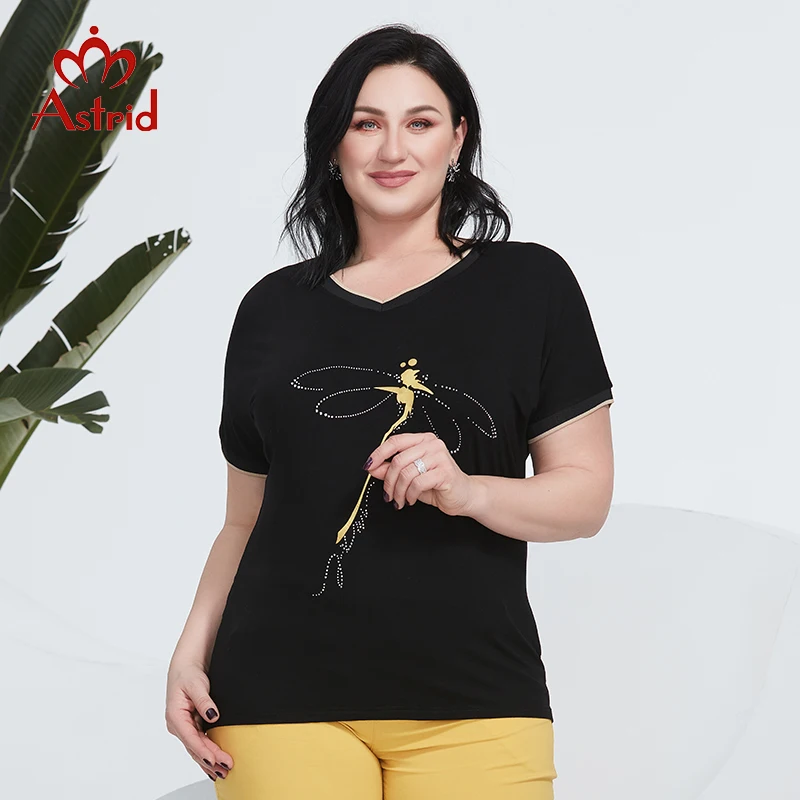 

Astrid Summer Women's T-Shirt 2022 Cotton Top Female Oversized Clothing Casual Fashion Dragonfly Animal Print Diamonds Trends