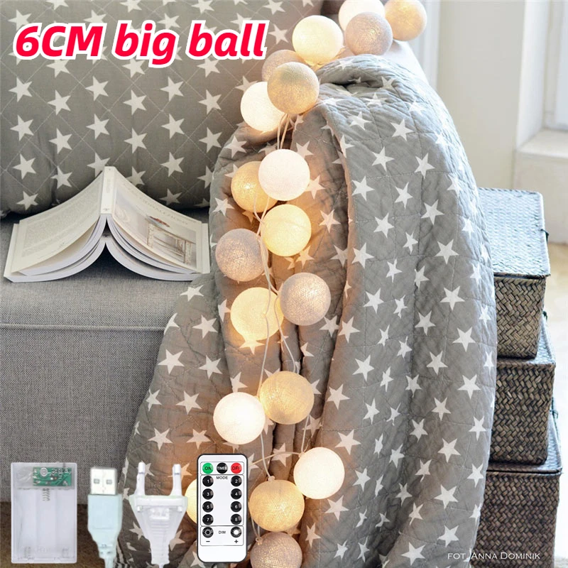 

6CM Cotton Ball String Lights Baby Kids Bedroom Garland Lamp Chain Home Christmas Living Room Fairy Garden Decor Outdoor Party