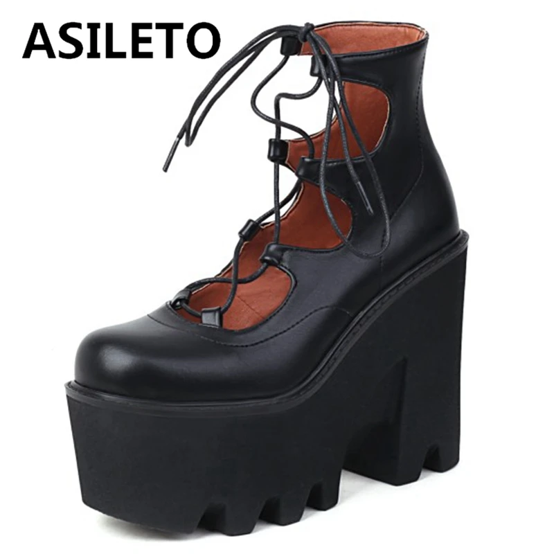 

ASILETO 2022 Women Platform Shoes Wedge Sandals Block Heel Lace-Up Rome Plus Size 36-44 Black Yellow Fashion Spring S3392
