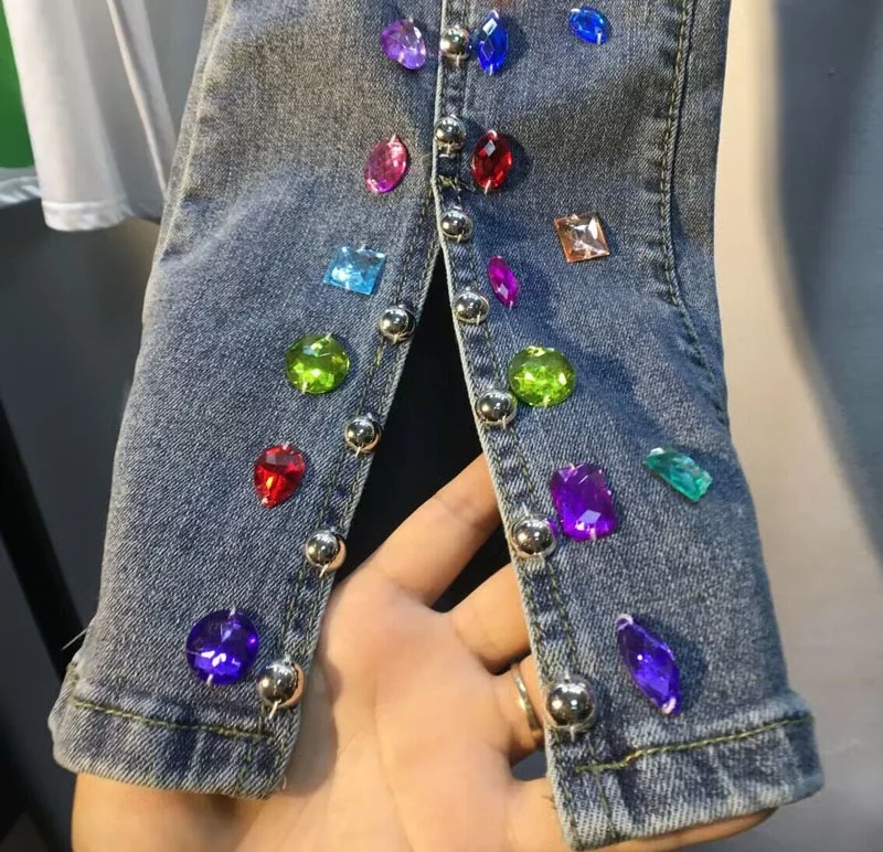 2023 Spring Summer New Exquisite Rhinestone Beaded High Waist Slim Skinny Blue Jeans Women's Slit Flare Jeans Black Jeans Female