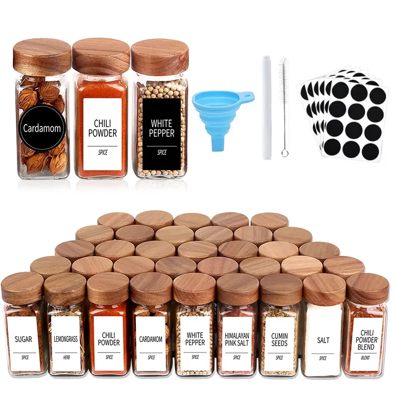 

12pcs Spice Glass Pepper Storage Bottles Cover Spices Kitchen Ground Seasoning Salt Square Wood Jars Sealing Transparent Tools