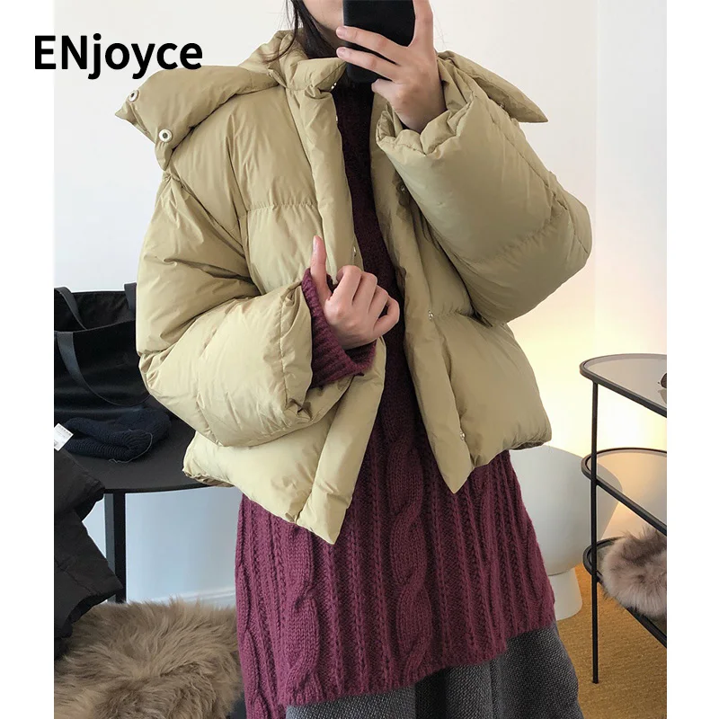 

Зимнее шикарное короткое пальто на утином пуху с капюшоном, женские повседневные свободные легкие и теплые пуховики, верхняя одежда большо...